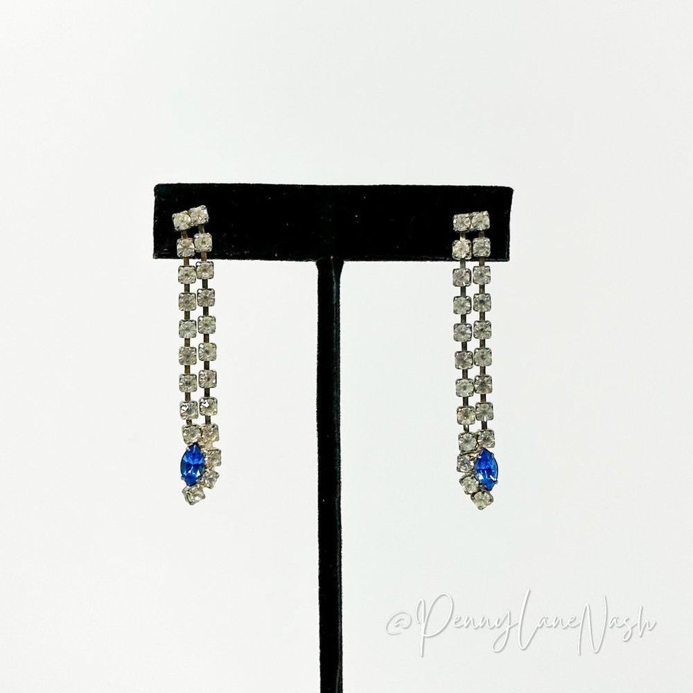 Vintage Two Row Rhinestone Drop with Blue Gem Dangle Earrings - Picture 3 of 9